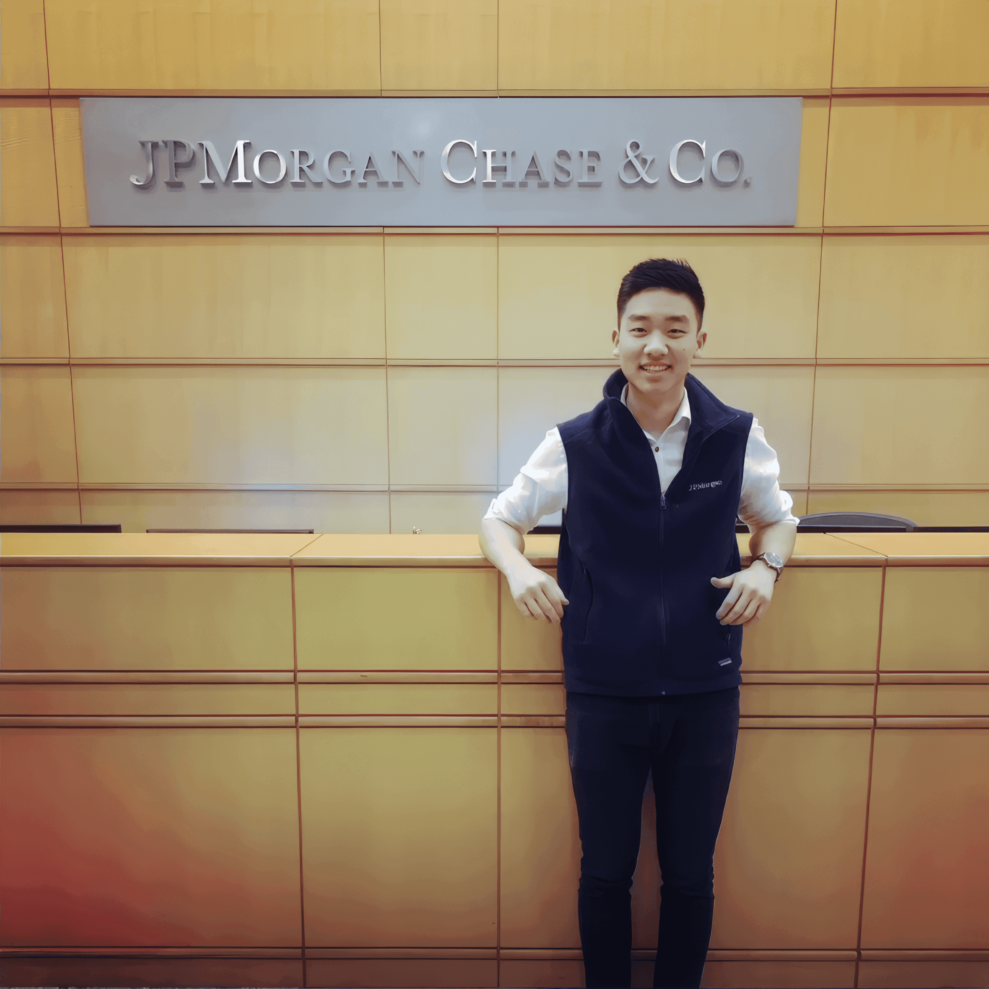 Ben Chon standing at the J.P. Morgan Chase reception desk during his years as an investment banking analyst